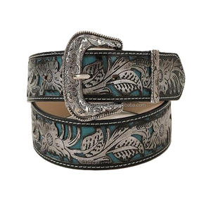 Custom Retro Floral Engraved Two Tone Western <b>Leather</b> Hand <b>Tooling</b> <b>belt</b> with Three Piece Brass pin Buckle Keeper and Loop End - Product Image 6