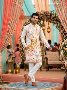 AARIKA TEXTILE Luxury Pure Silk Quick Dry <b>Kurta</b> Set Heavy Crochet Sequence Work Digital Print Traditional Festive Wedding <b>Mens</b> - Product Image 6