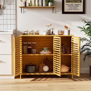 Natural Bamboo 39.5"x14"x31.5" Bathroom Cabinet with 3 Door Design Multiple Shelves for Adequate Storage of Towels/Toiletries - Product Image 4