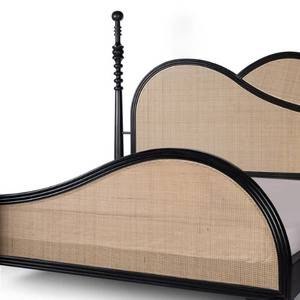Transitional <b>Rattan</b> <b>Bed</b> <b>Frame</b> with Wooden <b>Frame</b> Black and Natural Woven Panel Headboard and Footboard Handmade Bedstead - Product Image 3