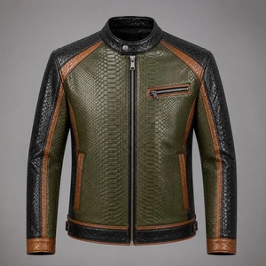 Chaqueta de Cuero Genuino para Hombre, Estilo Café Racer, Textura de Piel de Serpiente, Color Verde Oliva, Negro, Marrón - Product Image 1
