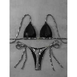 Ensemble de bikini imprimé serpent pour femmes, haut triangle à nouer, bas string en spandex et polyester, maillot de bain - Product Image 2