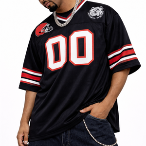 เสื้อฟุตบอลอเมริกันผู้ชายขนาดใหญ่พิเศษสีดำแดง คอวี ผ้าโพลีเอสเตอร์ตาข่าย ชุดทีม ผลิตตามสั่ง OEM ผลิตจำนวนมากจากโรงงาน - Product Image 3