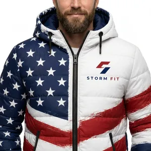Chaqueta Acolchada con Capucha para Hombre Storm Fit, Estampado de Bandera Americana, Cortavientos, Informal de Invierno, Cierre de Cremallera, 100% Poliéster - Product Image 5