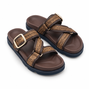 Sandales plates marron en paille tressée antidérapantes et respirantes à brides croisées pour femme, à bout ouvert, avec boucle, chaussures d'été à plateforme - Product Image 5