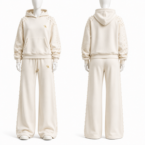 Luxury <b>Womens</b> <b>Cream</b> Pearl Embellished Hoodie Jogger Tracksuit Premium <b>Fleece</b> OEM ODM Custom Streetwear Apparel Set - Product Image 3