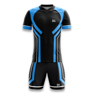 Custom Men's Black Blue Soccer Jersey Shorts Set V-Neck Short Sleeve <b>Moisture</b> Wicking Breathable Athletic Fit - Product Image 1