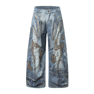 Wide Leg Patchwork Denim Jeans High Waist Distressed Loose Fit Streetwear Style Cotton Fabric Spring Season - Product Image 1
