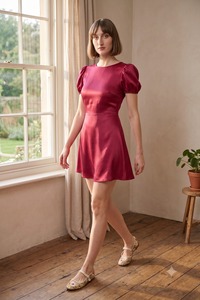 Vestido corto de lino para mujer, color burdeos, cuello redondo, manga corta abullonada, cintura ajustada, línea A, color liso, informal, para verano. - Product Image 4