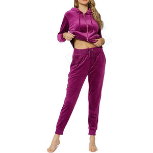Survêtement à capuche en velours violet pour femme, fermeture éclair intégrale, manches longues, pantalon de jogging, couleur unie, tenue décontractée d'hiver, coupe classique - Product Image 3
