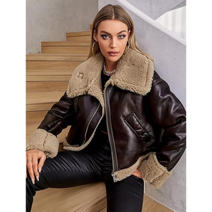 Blouson bomber en cuir véritable pour femme avec col et poignets en fourrure, manteau court d'hiver épais et coupe-vent - Product Image 6