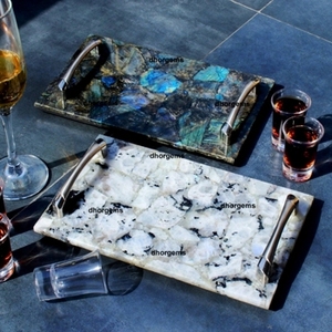 Plateau de table de chevet en acier argenté fait main avec poignées, plateau de service décoratif en labradorite/quincaillerie de quartz pour table basse/coiffeuse - Product Image 3