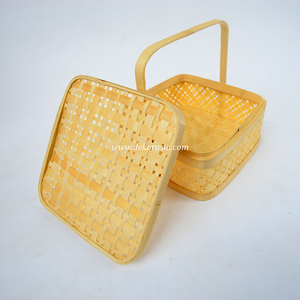 Cesta de bambú tejida a mano, forma cuadrada, con asa, caja de almacenamiento artesanal natural para decoración del hogar - Product Image 6