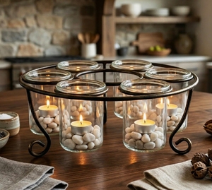 Support en métal écologique fait main avec plusieurs vases en verre et porte-bougies votifs pour la décoration de table, les centres de table floraux pour mariage - Product Image 3