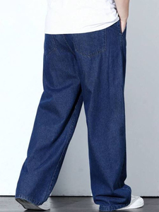 Pantalon en jean large pour homme, bleu foncé, coupe décontractée, en coton, style streetwear, taille mi-haute, couleur unie, tissu tissé, style automne - Product Image 3