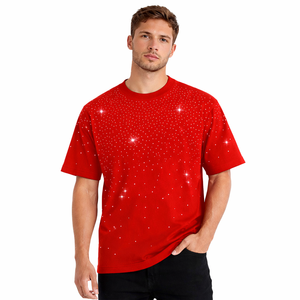 Camiseta roja con pedrería brillante para hombre, estilo oversize, de algodón, con diseño de estrella de cristal, informal, estilo hip hop, top de moda de verano - Product Image 1