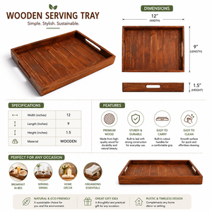 Bandeja de Servir Rústica de Madera con Asas Recortadas |   Bandeja Rectangular para Servir Comida, Bebidas y Decoración del Hogar - Product Image 5
