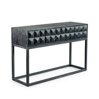 Table console de rangement moderne de luxe en teck brun, écologique, faite à la main, avec façade sculptée à motif géométrique diamant, élégante pour hôtel