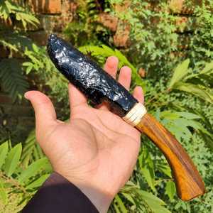Cuchillo de 10 pulgadas con mango de madera y punta de flecha de obsidiana negra, hecho a mano, tallado, imitación antigua, arte americano, piedra. - Product Image 2