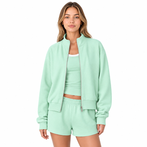 Premium Quality Women Mint Green <b>3</b> Piece Tracksuit <b>Set</b> Zipper Mockneck Sweatshirt Crop Top And Shorts Casual Jogger Outfit - Product Image 1