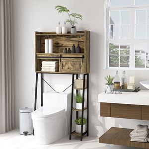 Rustic Brown Over the Toilet <b>Storage</b> Cabinet 4 <b>Open</b> Shelves Bathroom Organizer with 3 Compartments - Product Image 2