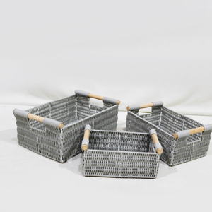 Modern Rectangle Storage <b>Baskets</b> with Wooden Handles for Home Organization Nordic Style Gray Woven <b>Basket</b> Set - Product Image 6