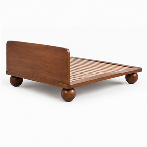 Lit plateforme en teck massif, cadre de lit en bois à profil bas avec pieds arrondis, mobilier de chambre moderne - Product Image 3