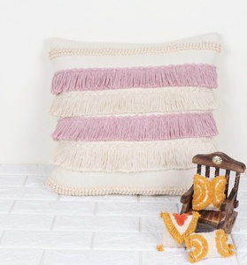 Printed Striped Texture Boho Ivory and Pink Fringe 100% Cotton Square Zipper Closure Decorative <b>Throw</b> <b>Pillow</b> Cover - Product Image 1