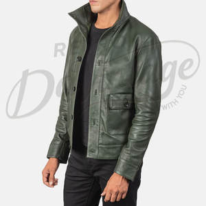 Chaqueta de cuero verde bosque para hombre, estilo militar, con botones, para caza, corte ajustado, de piel de oveja auténtica. - Product Image 4