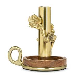 Brass Candlestick Holder With Wooden Base And Floral Design For Home Decoration At <b>Cheap</b> Price - Product Image 3