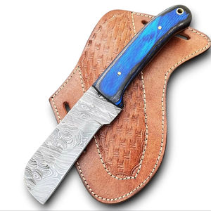 Cuchillo de caza y desollado de acero de Damasco con hoja martillada, 8 pulgadas, estilo vaquero, para camping, con funda de cuero OEM y mango de madera Pakka. - Product Image 1