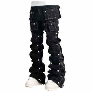 Jeans amples multi-poches de style urbain, personnalisés, écologiques, à boutons, effet vieilli, à jambe large pour hommes - Product Image 1