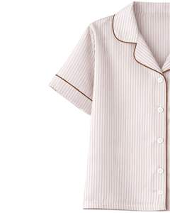 Conjunto de Pijama Personalizado para Mujer en Rayas Beige y Marrón, Manga Corta, Botones, Satén, Dos Piezas, Ropa de Dormir, Pantalones Cortos - Product Image 4