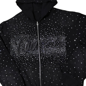 Black Rhinestone Zip Hoodie Crystal Bling Fleece Breathable Sweatshirt 100% Cotton Solid Digital Printing Unisex Winter - Product Image 1