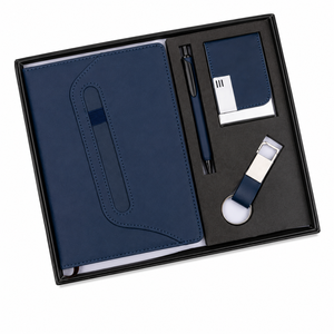 Aurelux Premium Navy Blue Jute Cover Executive Gift Set Journal Pen Business Card Holder Keychain for Corporate Branding Needs - Product Image 2