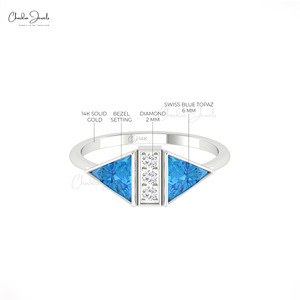 Anillo de Compromiso de Oro Fino de 14K de Alta Calidad con Diamantes y Topacio Azul Suizo de Corte Triangular de 6mm, Regalo Romántico para Novia - Product Image 5