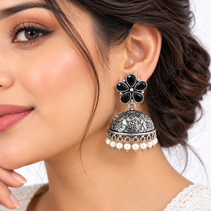 Boucles d'oreilles Jhumka indiennes noires en argent oxydé avec perles pendantes, vente en gros, directement de l'usine, fabricant OEM ODM - Product Image 4