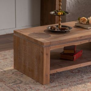 Large 2-Tier Rustic <b>Rectangle</b> Solid Wood <b>Coffee</b> <b>Table</b> with Storage Shelf for Living Room or Office Apartment - Product Image 3