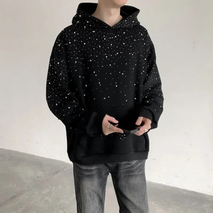 Y2K <b>Aesthetic</b> Distressed Denim Blue Heavyweight Oversized Acid Wash Hip Hop Rhinestone Zipper Pullover Hoodie 100% Cotton - Product Image 5