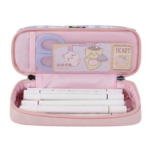 Trousse à crayons en nylon format A5, rose à carreaux, avec patch souriant et fermeture à double zip - Product Image 5