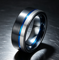 Bague en carbure de tungstène noir avec rainure bleue décentrée et incrustation argentée brossée, alliance pour homme, bijoux sportifs en gros