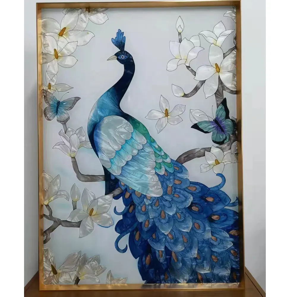Acever Handpainted Filigree Cloisonne Enamel Glass Art Panel Photo Picture Frame Stained Glass Luxury Indoor Decor, Peacock