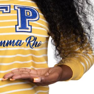 ซิกมาแกมมาโรเสื้อสเวตเตอร์ลายทางสีขาวทองผู้หญิงกรีกซอร์โรริตี้คอกลมสไตล์สตรีทแวร์ลำลอง - Product Image 5
