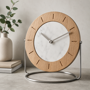 Minimalist Circular Wall <b>Clock</b> With Wooden Frame Marble Dial Silent Quartz Movement Needle Display - Product Image 1