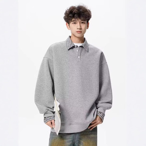 Men's Oversized <b>Navy</b> Blue Pullover Sweatshirt With Plaid Collar And Cuffs Casual <b>Knitted</b> Long Sleeve Winter Wear Sweatshirt - Product Image 4
