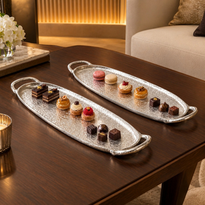 Signature Silver Aluminum Oblong Serving <b>Tray</b> Pair Hammered Finish Loop Handles Raised Rim | Refined Dining <b>Buffet</b> Presentations - Product Image 4