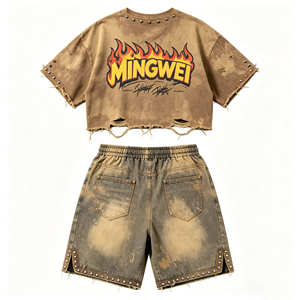 Custom Men's Street Style T-<b>Shirt</b> & Shorts Set Printed <b>Car</b> Flame Skull Design Ripped Distressed Look Summer Casual Wear - Product Image 2