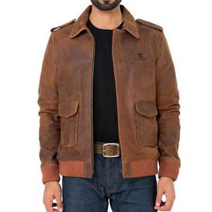 Veste en cuir véritable marron pour homme, col rabattu, fermeture éclair, style vintage, à porter en automne - Product Image 1