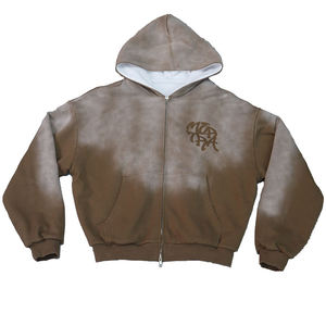 Custom Brown Mineral Wash Zip Hoodie 100% Cotton Fleece Vintage Regular Fit Pocket Breathable Eco-Friendly Streetwear Sweatshirt - Product Image 1
