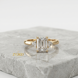<b>Emerald</b> Cut Engagement <b>Ring</b> 925 <b>Silver</b> Three Stone <b>Ring</b> Trillion Side Stone Lab Grown Diamond <b>Ring</b> - Product Image 2